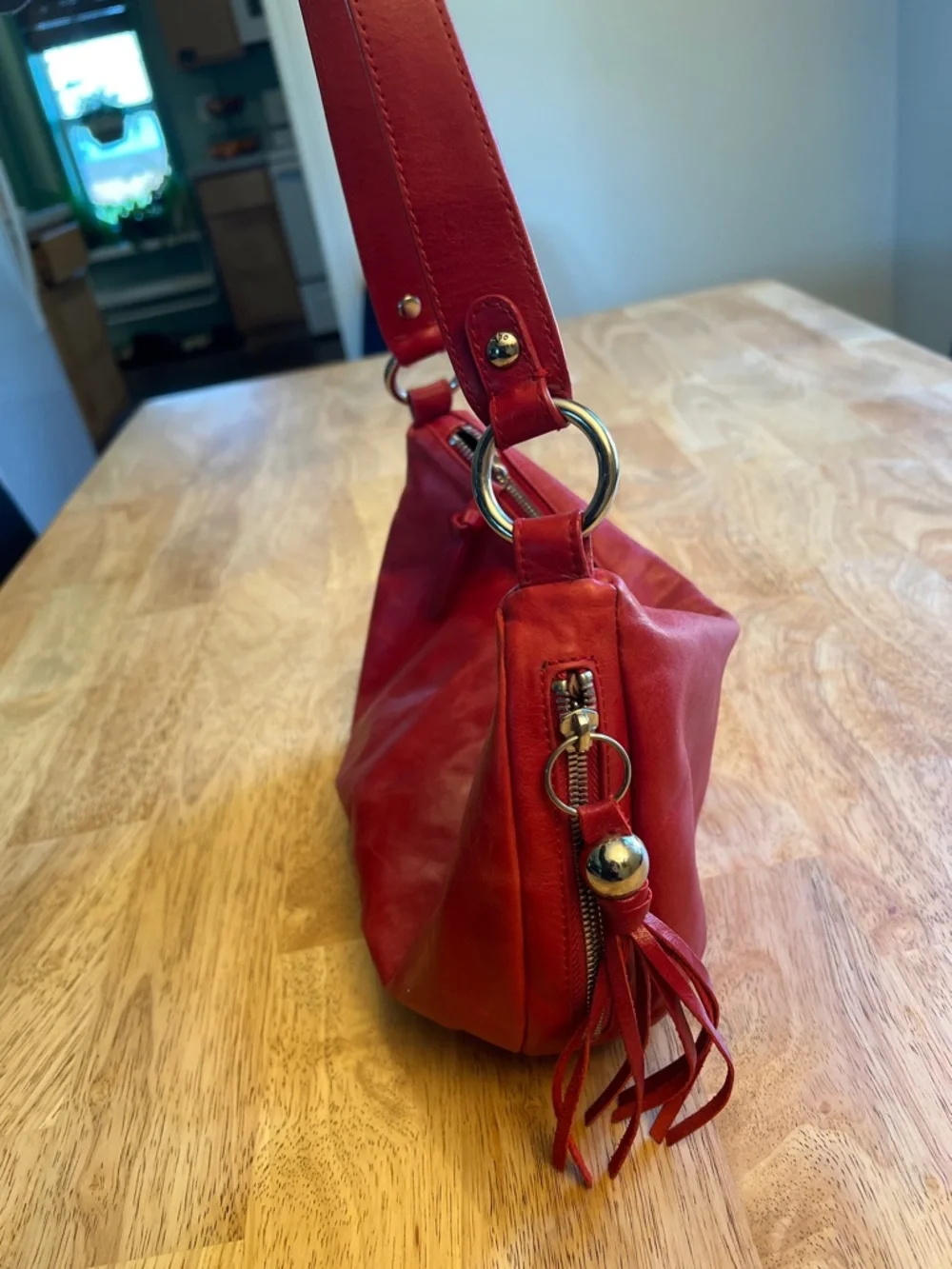Vintage HOBO Red Leather Shoulder Bag with Side Zipper and Tassel - Picture 3 of 16